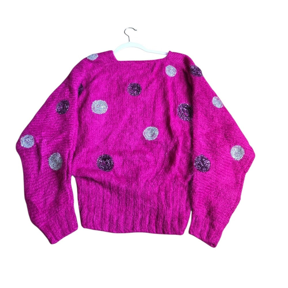 Balzac Italy Magenta Super Kid Mohair V-Neck Polka Dot Sweater IT 42 Vintage - Picture 3 of 13